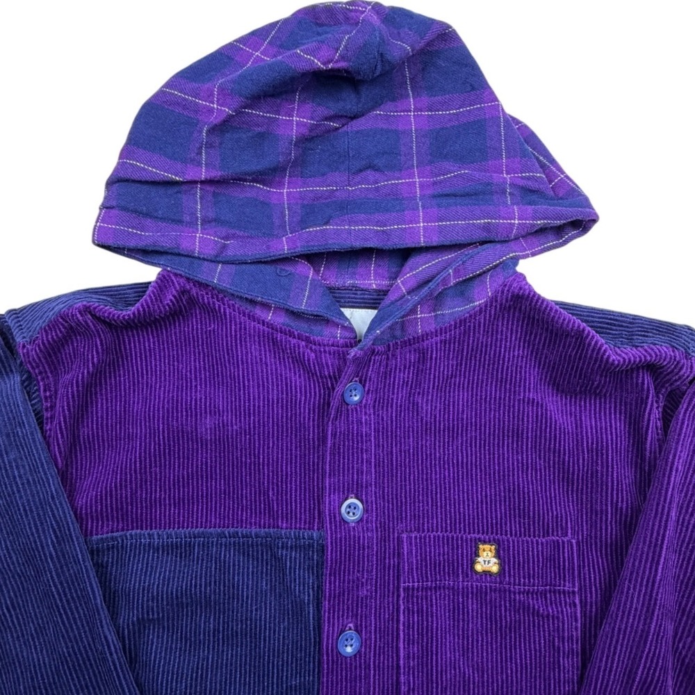 Teddy Fresh Mens Colorblock Corduroy Hooded Shirt Purple Plaid Hood Small‎